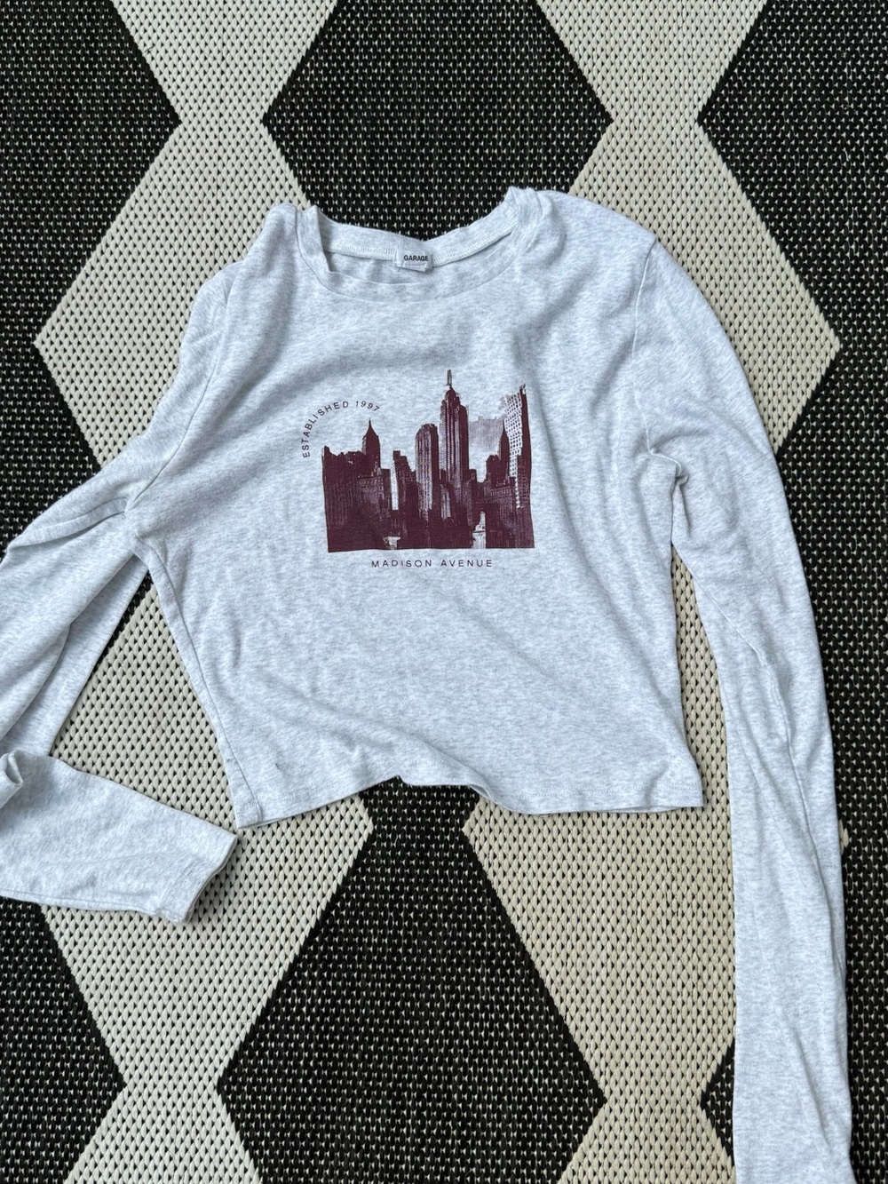 Garage Gray Crop Long-Sleeve Tee with Burgundy City Graphic